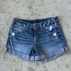 Silver Jeans Boyfriend Blue Cuffed Jean Shorts Distressed